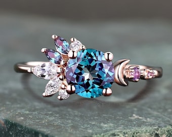 Unique Round Alexandrite Ring, Opal Moon Cluster Engagement Ring, Natural Green Moss Agate Celestial Wedding Ring, Emerald Moissanite Ring