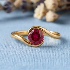 Vintage Round Cut Red Diamond Engagement Ring, Unique Ruby Solitaire Twist Ring, Red Gemstone Wedding Ring, July Birthstone Ring For Her