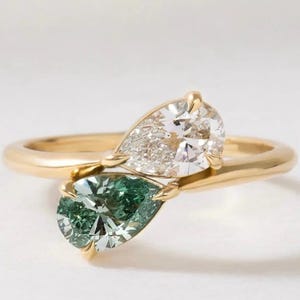 Bague de fiançailles Toi et moi vintage, bague en tourmaline verte et moissanite, bague de promesse en or massif 14 carats, bague cadeau de mariage unique pour femme