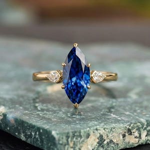 Unique Marquise Sapphire & Pear Moissanite Engagement Ring,18K Solid Gold Six Prong Setting Ring, Solitaire Blue Gemstone Ring, Gift For Her