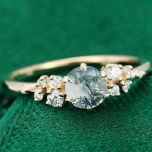 Unique Round Cut Moss Agate Engagement Ring, Yellow Gold Moss Agate Anniversary Promise Gift Ring, Dainty Moss Agate Solitaire Ring For Her