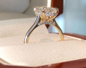 Anillo de compromiso de oro macizo de 14 quilates con diamantes cultivados en laboratorio de talla ovalada de 2 quilates, anillo de diamantes simulados con halo oculto, anillo de promesa de aniversario para mujer.