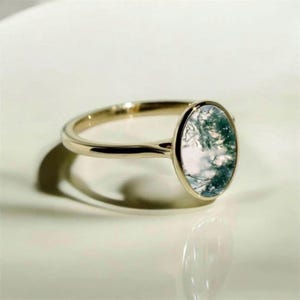 Vintage Moosachat Verlobungsring: 14K Gold Brillant Solitär