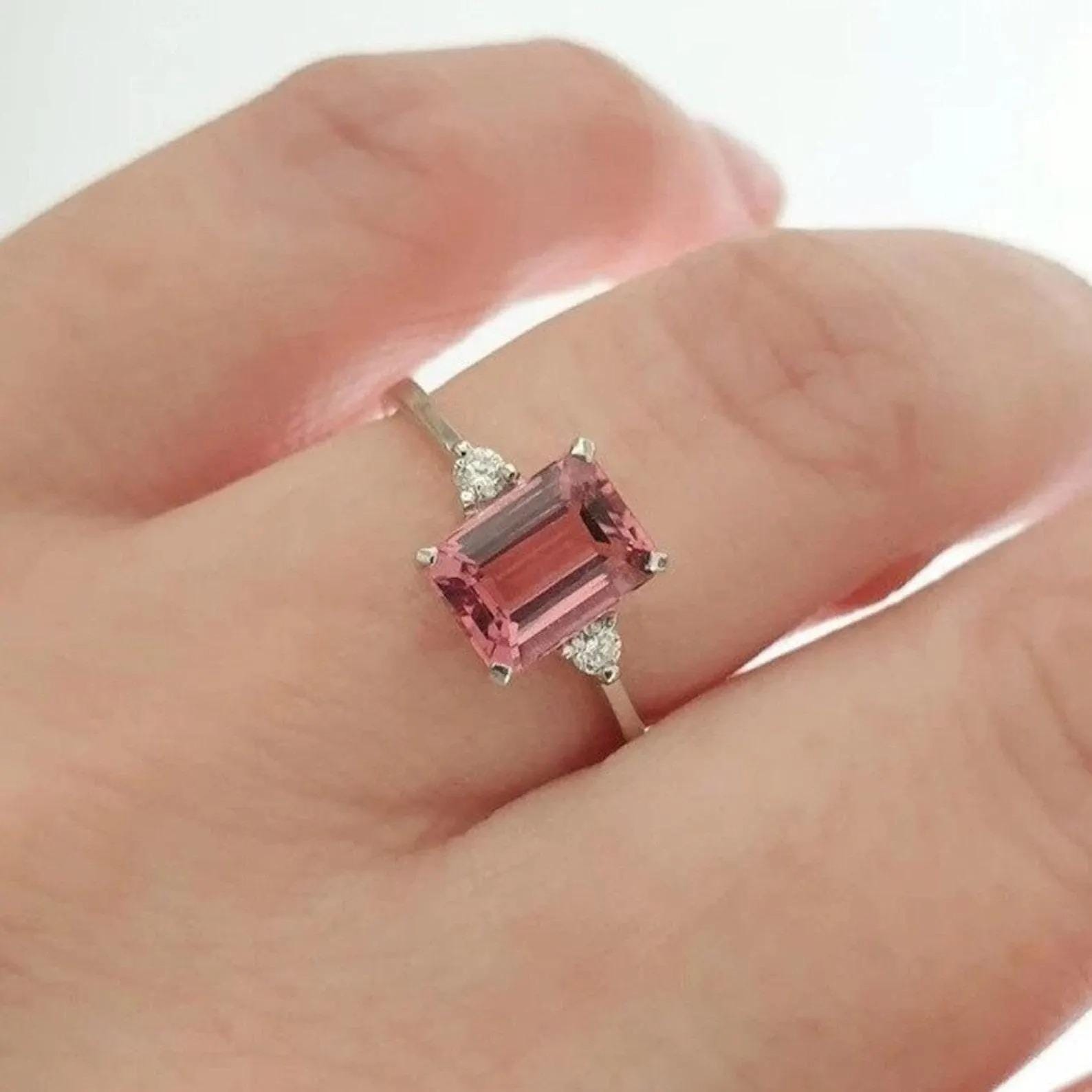 Emerald Cut Pink Sapphire Engagement Ring, 925 Sterling Silver Diamond Cluster Wedding Ring, Pink Gemstone Solitaire Promise Ring For Women