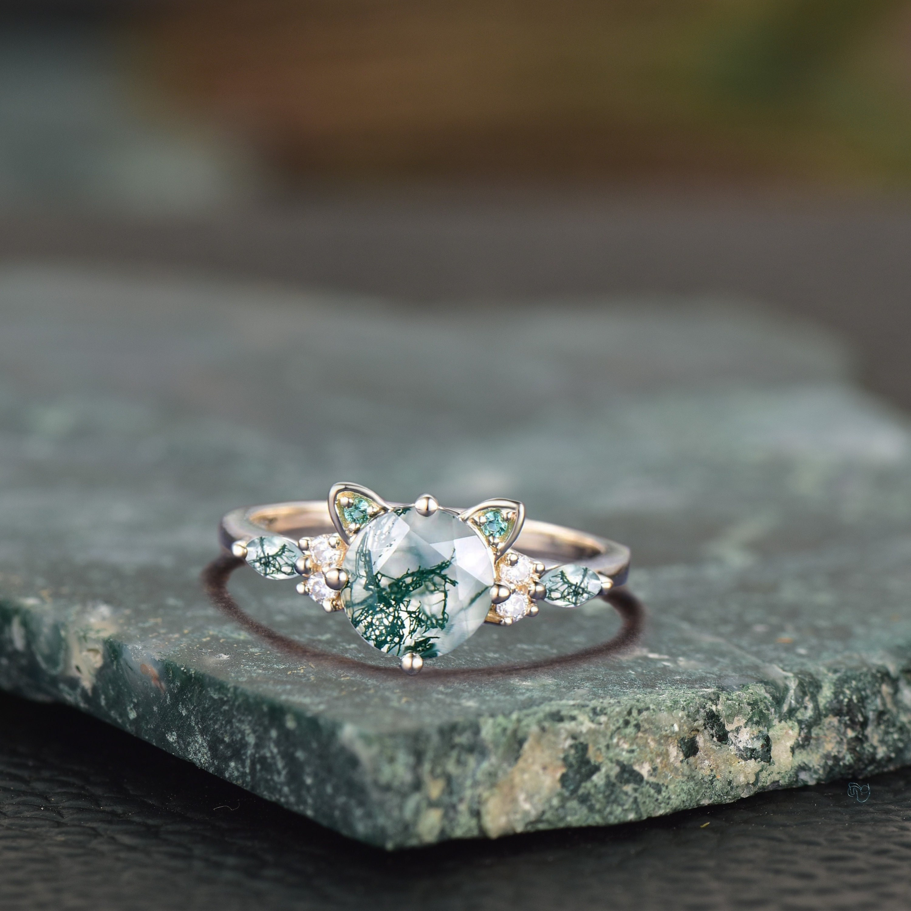Cat Engagement Ring, Vintage moss agate engagement ring Art deco solid Ring, Peekaboo Kitten Green Gemstone Gifts for Cat Lover,Gift For Her