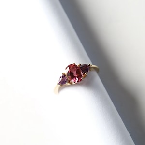 Oval Cut Pink Tourmaline Engagement Ring, Trilliant Amethyst Bridal Ring, October Birthstone, Delicate Pink Gemstone Wedding Ring for Women
