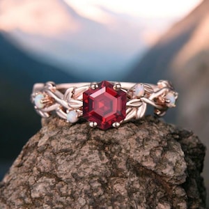 Vintage Hexagon Cut Rubin Verlobungsring, Zweig Roter Rubin Ring, Solide 14k Rose Gold Blatt Opal Ring, Juli Birthstone Ring Jubiläum Ring Geschenk