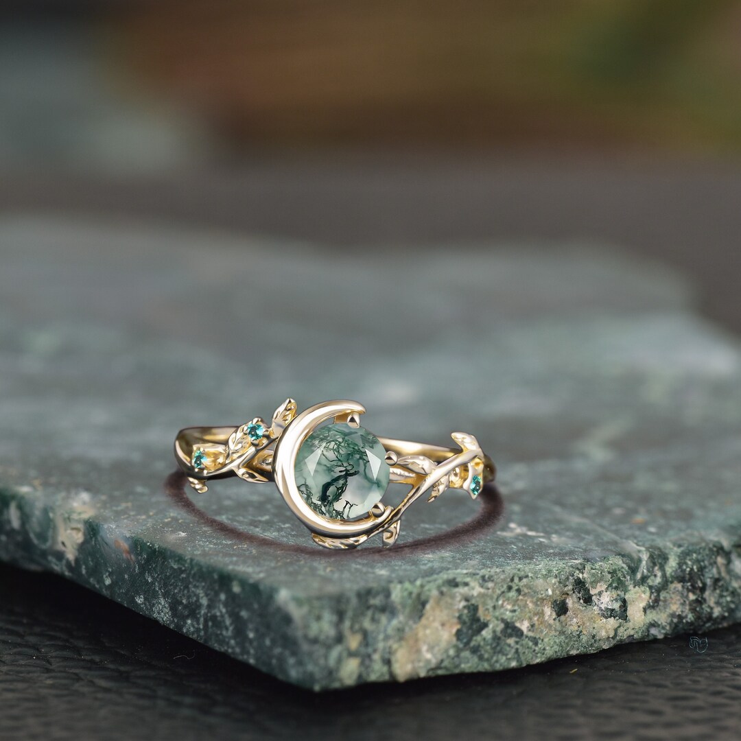 Nature Inspired Natural Moss Agate Ring Moon Star Design Vintage 1ct ...