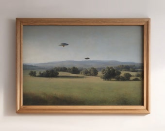 Landscape UFO Painting, Aesthetic Wall Art, UFO Print, Digital Download, Printable Art