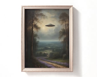 Vintage Ufo Painting, Digital Ufo Art, Old Oil Painting, Printable Downloadable Images