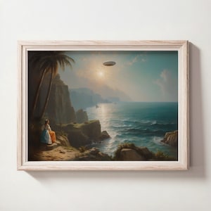 Moody Tropical UFO Oil Painting, Vintage Ufo Seaside Painting, UFO Art, Digital Printable Art Print, Downloadable Wall Art
