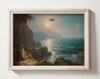 Moody Tropical UFO Oil Painting, Vintage Ufo Seaside Painting, UFO Art, Digital Printable Art Print, Downloadable Wall Art