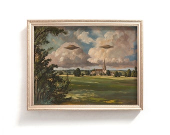 Landscape UFO Painting, Aesthetic Wall Art, UFO Print, Digital Download, Printable Art