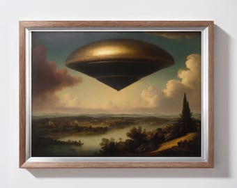 Klassiek UFO-schilderij, vintage UFO-schilderij, UFO Art Print, digitale download, afdrukbare kunst