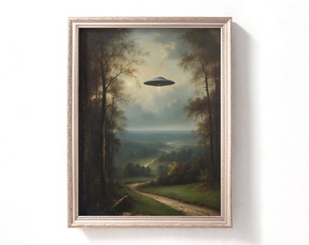 Digital Ufo Art, Vintage Ufo Painting, Old Oil Painting, Printable Downloadable Images