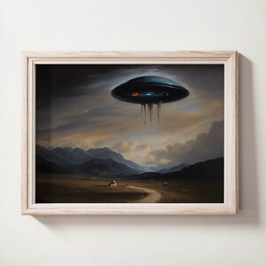 Moody Landscape, UFO Art In Salvadore Dali Style, Downloadable Images For Home Decore, Surreal Painting