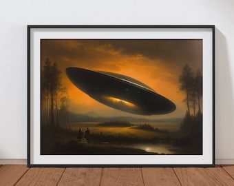 Antique Landscape Painting, UFO Art Print, Vintage Rembrandt style Landscape Print, Digital Printable Art Print, Downloadable Wall Art