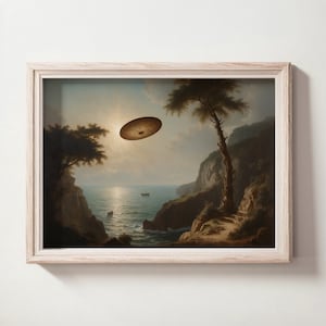 Vintage Ufo Seaside Painting, Classical Moody UFO Oil Painting, UFO Art, Digital Printable Art Print, Downloadable Wall Art