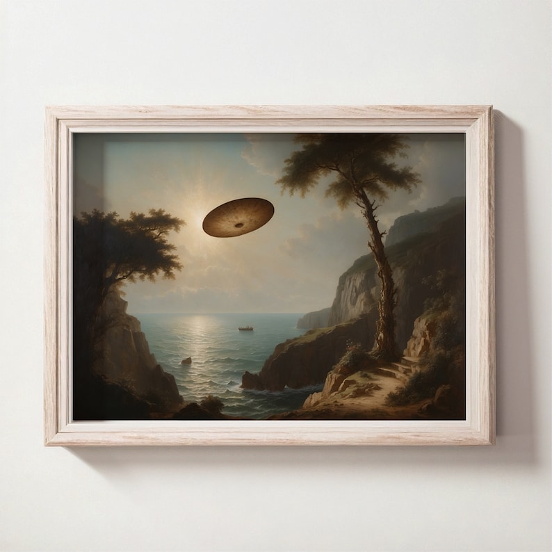 ビンテージ UFO 海辺の絵画、クラシックな雰囲気の UFO 油絵、UFO アート、デジタル印刷可能なアートプリント、ダウンロード可能な壁アート 画像 1