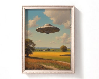 Ufo Landscape Painting, Ufo Impasto Oil Painting, Summer Countryside Wall Art, Digital Download