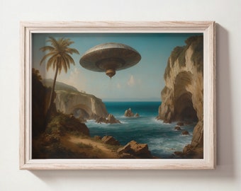 Vintage Ufo Tropical Painting, Moody UFO Seascape Oil Painting, UFO Art, Digital Printable Art Print, Downloadable Wall Art
