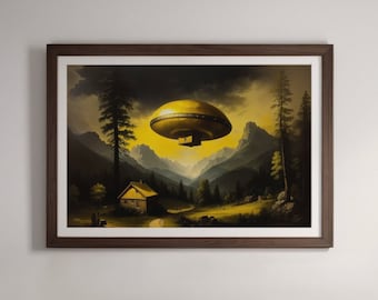 Yellow UFO Landscape Art Print: Vintage Style Wall Art (Digital Download)