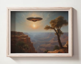 Grand Canyon Print, Ufo Above Grand Canyon Wall Art, UFO Art, Digital Printable Art Print, Downloadable Images