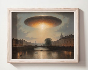 Arte UFO del paesaggio urbano inglese, decorazione da parete UFO, immagini digitali scaricabili, arte stampabile UFO