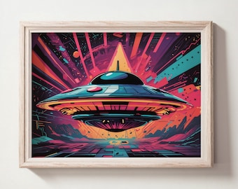 Abstract Ufo Art, 1980s House Decor, Vibrant Artwork, Psychedelic Poster, Ufo Downloadable Images