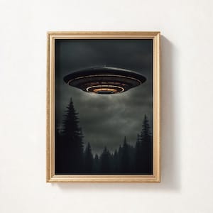 Forest UFO Painting, Pine Tree UFO Wall Art, UFO Artwork, Digital Printable Art Print, Downloadable Wall Art