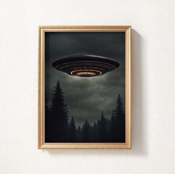 Forest UFO Painting, Pine Tree UFO Wall Art, UFO Artwork, Digital Printable Art Print, Downloadable Wall Art