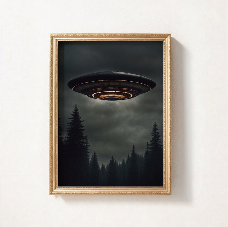May include: A framed print depicting a dark, cloudy sky with a flying saucer hovering above a forest of tall, dark trees. The saucer has a glowing light in the centre.