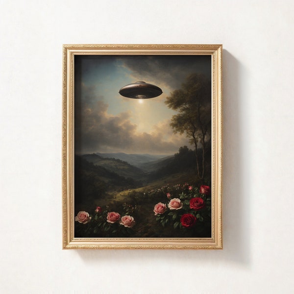 Moody Ufo Oil Painting, Vintage Flower Painting, Vintage Ufo Painting, Digital Printable UFO Art Print, Downloadable UFO Print