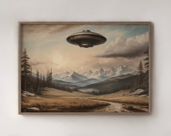Vintage UFO-schilderij, humeurige rustieke landschapskunst, UFO-print, digitale afdrukbare kunstprint, downloadbare muurkunst