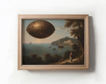 Vintage Ufo Classical Art, Ufo Seascape Painting, UFO Art, Digital Printable Art Print, Downloadable Images