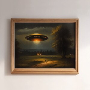 Antique Landscape Painting, UFO Art Print, Vintage Rembrandt style Landscape Print, Digital Printable Art Print, Downloadable Wall Art