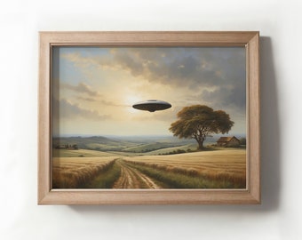 Ufo Impasto Oil Painting, Rustic Ufo Art, Digital Downloadable Images, Ufo Printable Art