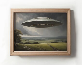 English Countryside Ufo Painting, Vintage Ufo Art, Digital Downloadable Images, Ufo Printable Art