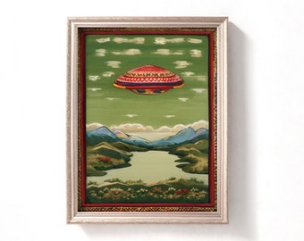 May include: A framed painting of a red and green UFO flying over a green landscape with mountains and a lake. The UFO has a white and red patterned design.