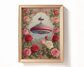 Flower Ufo Art, Vintage Rose Ufo Painting, Paper Flower Backdrop, Digital Printable UFO Art Print, Downloadable UFO Print