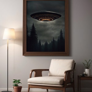 May include: A framed print depicting a dark, cloudy sky with a flying saucer hovering over a forest of tall, dark trees.