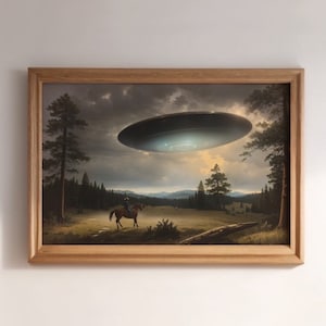 Vintage Western Cowboy Painting, UFO Painting, Moody Rustic Landscape Art, UFO Print, Digital Printable Art Print, Downloadable Wall Art
