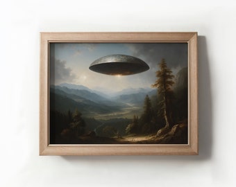 Antieke Ufo surrealistische landschapskunst, vintage humeurige UFO-olieverfschilderij, UFO-kunst, digitale afdrukbare kunstprint, downloadbare muurkunst