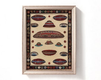 Beige Red Tapestry Ufo Painting, Vintage Textile UFO Art Printable, Ufo Print Download