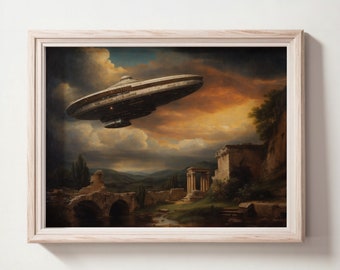 Ancient Roman Ruins UFO Print, Moody Vintage Rome Wall Art, UFO Art, UAP Art Print, Digital Printable Art Print, Downloadable Wall Art
