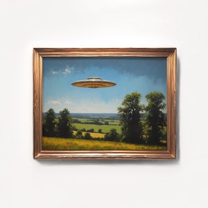 Summertime Ufo Painting, Ufo Countryside Print, Ufo Painting, Ufo Art, Flying Saucer Print, Printable Art