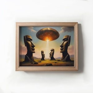 Paaseiland print, Ufo Moai standbeeld schilderij, UFO kunst, digitale afdrukbare kunstprint, downloadbare afbeeldingen