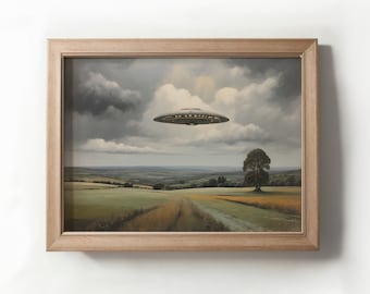 Paesaggio Impasto Pittura a olio, Moody Vintage Ufo Art, Immagini digitali scaricabili, Arte stampabile Ufo