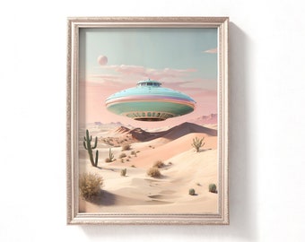 Atomic Ufo Art, 1950s Atomic Ufo Painting, Pastel Digital Printable UFO Art Print, Downloadable UFO Print
