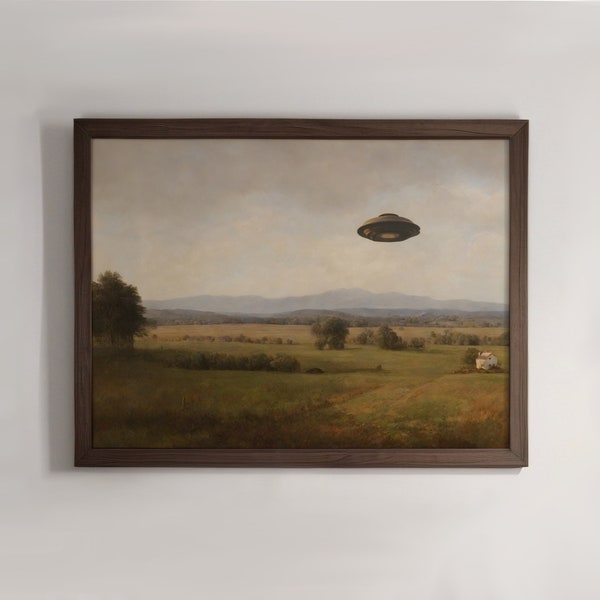 Vintage UFO Painting, Impasto Oil Painting, UFO Art Print, Digital Printable Art Print, Downloadable Wall Art